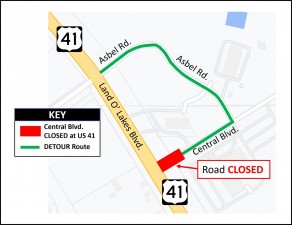 Detour for closure of Central Boulevard at US 41