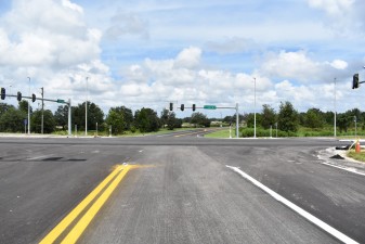 Looking northwest from westbound County Line Road at the new intersection of Ayers Road and Trillium Boulevard. (8/27/2021 photo)