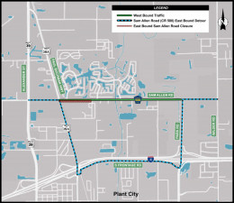 Detour Map for Closure of eastbound Sam Allen Road at Paul Buchman Highway