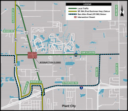 Detour Map for Closure of Sam Allen Road and Paul Buchman Highway
