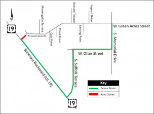 Detour map for closure of Green Acres St. at US 19