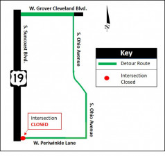 Detour map for closure of Periwinkle Lane at the intersection on the east side of US 19