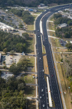Looking north on US 19 with traffic in final configuration approaching Yulee Dr. (upper right corner) (2/9/2021 photo)