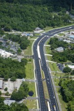 Looking northwest on US 19 with traffic in final configuration approaching Yulee Dr. (curve area) (6/9/2021 photo)