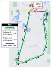 Detour map for closure of SR 50, just east of US 301