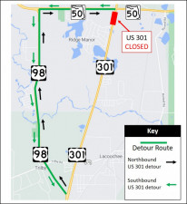 Detour map for closure of US 301, just south of SR 50