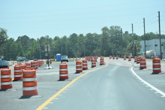 Looking south on SR 50 (Cortez Blvd) at the temporary traffic pattern approaching Sheriff Mylander Way (5-4-2023 photo)