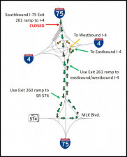 Detour Map for closure of southbound I-75 Exit 261 to I-4