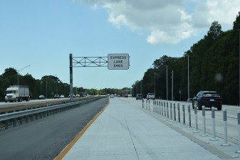 The southbound I-275 Express Lane merges into the free lanes south of Gandy Boulevard (5-1-2024 photo)