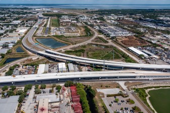Looking north at new SR 690 on the bottom and new SR 686A going towards St. Pete-Clearwater International Airport (4-14-2023 photo)