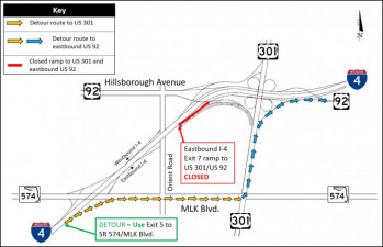 Detour map for closure of eastbound I-4 Exit 7 to US 301 / US 92