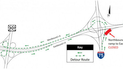 Detour Map for Closure of Northbound I-75 Ramp onto Eastbound I-4