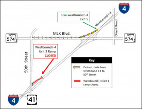Detour map for closure of westbound I-4 Exit 3 to 50th Street
