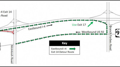 Detour map for closure of the eastbound I-4 exit to McIntosh Road