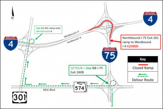 Detour map for closure of northbound I-75 ramp onto westbound I-4