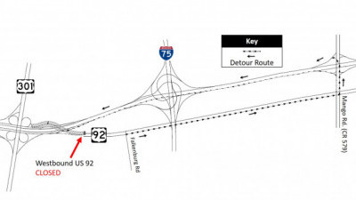 Detour map for Westbound US 92 Closure