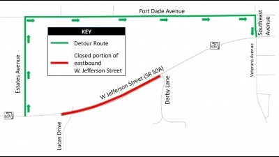 Detour map for closure of eastbound W Jefferson Street