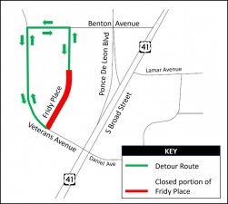 Detour map for closure of southern portion of Fridy Place