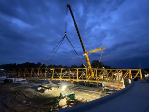 A crane prepares to begin swinging the truss for pedestrian bridge towards Cortez Boulevard (5-25-2023 photo)