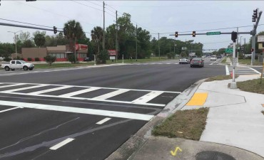 Looking at the newly paved intersection and new pedestrian crossing on the southeast corner of SR 44 and Turkey Oak Drive (3/31/2022 photo)