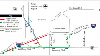 Map of detour route for closure of northbound I-275 from SR 60 to West Shore Boulevard