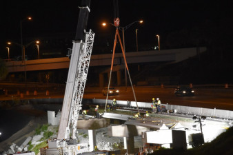 Crews were busy in the early morning installing concrete beams at I-275 over SR 60 (3/21/2020 photo)