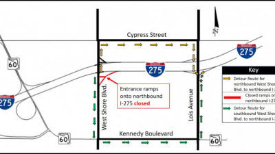 Detour map for closure of West Shore Blvd. ramps onto northbound I-275