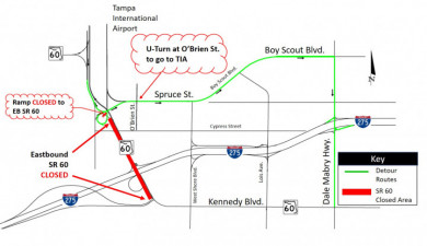 Detour route for closure of eastbound SR 60 between Tampa International Airport and I-275