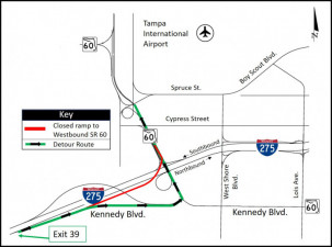 Detour map for closure of northbound I-275 ramp to westbound SR 60