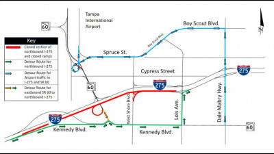 Detour map for closure of northbound I-275 between SR 60 and Lois Avenue