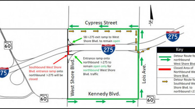 Detour Map for around-the-clock closure of northbound West Shore Boulevard under I-275