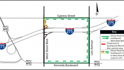 Detour map for closure of southbound West Shore Boulevard at I-275