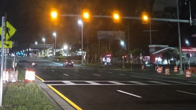 US 19 Pedestrian Mid-Block Crosswalk Lights in flash mode (March 2026 photo)