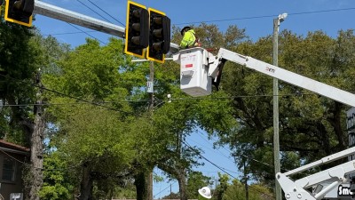 Installing mast arm cap (March 2026 photo)