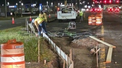 Looking north on US 19 as crews work on forming for curb and gutter (February 2026 photo)