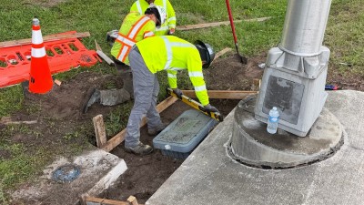 Installing formwork for a mow pad around the replaced pull box (June 2026 photo)