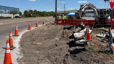 Southeast corner after the removal of existing concrete sidewalk and curb and gutter (March 2026 photo)
