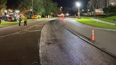 Applying tack coat on the milled surface in the left lane on eastbound (September 2026 photo)