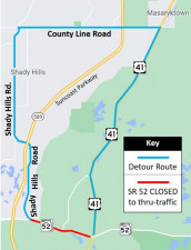 SR 52 detour map for closure at railroad tracks between Kent Grove Drive and Pierce Lake Road / Giddens Road
