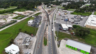 Looking south at construction where the US 98 Bypass splits left from US 98 through downtown Dade City (9-10-2025 photo)