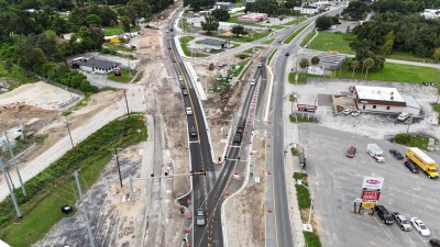 Looking south at construction where the US 98 Bypass splits left from US 98 through downtown Dade City (9-10-2025 photo)