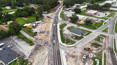 Looking south at construction where the US 98 Bypass splits left from US 98 through downtown Dade City (9-10-2025 photo)