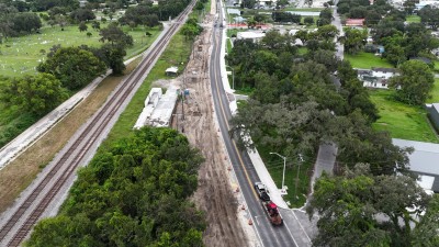 Looking south at construction progress along the US 98 Bypass near Hall Street (9-10-2025 photo)