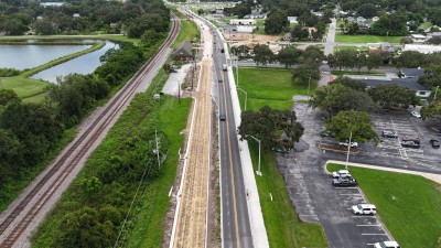 Looking south at US 98 Bypass roadway widening north of Meridian Avenue (9-10-2025 photo)