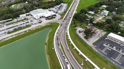 Looking west at US 98 Bypass just west of the roundabout at Old Lakeland Highway (9-10-2025 photo)