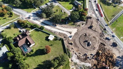 Looking northeast at construction of the roundabout at the 7th Street / US 98 Bypass / US 301 intersection (10-16-2025 photo)