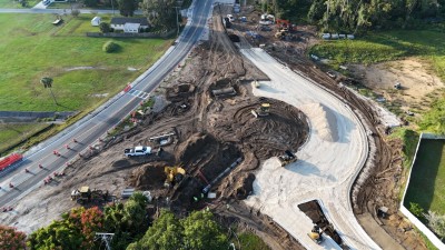 Looking south at roundabout and drainage construction at 7th Street and US 98/US 301 (10-21-2025 photo)