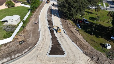 Looking north over 7th Street at reconstruction from the new roundabout to Bougainvillea Avenue (10-21-2025 photo)