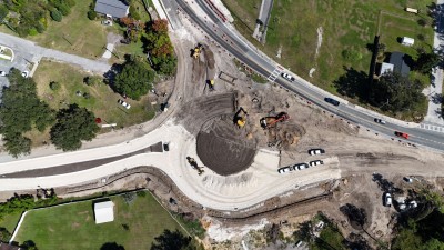 Looking east over roundabout construction at 7th Street and US 98/US 301 (10-22-2025 photo)