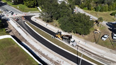 Crews paving the northbound connection to 7th Street from the roundabout (11-12-2025 photo)